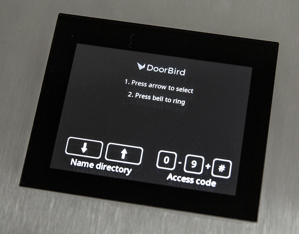 DoorBird IP video door station keypad and screen with Name directory and access code buttons