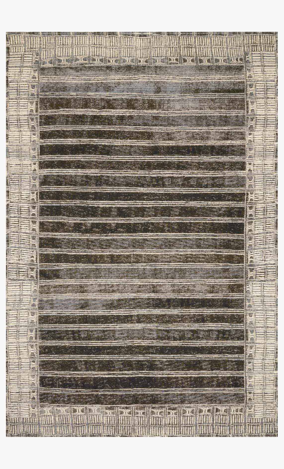 Charcoal and ivory power loom rug with striped abstract pattern and border
