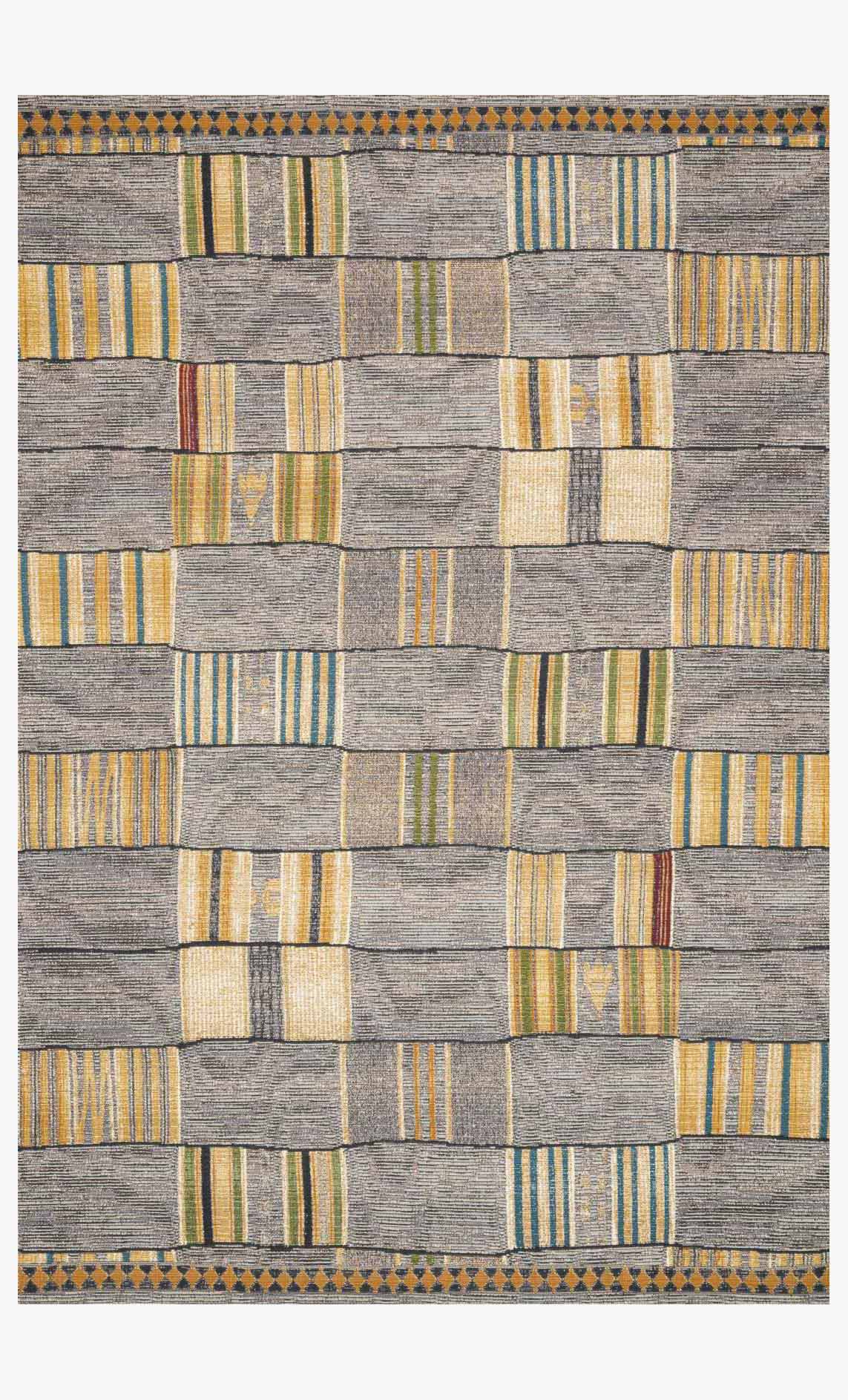 Power loom indoor/outdoor rug with gray block pattern, yellow and blue stripe accents