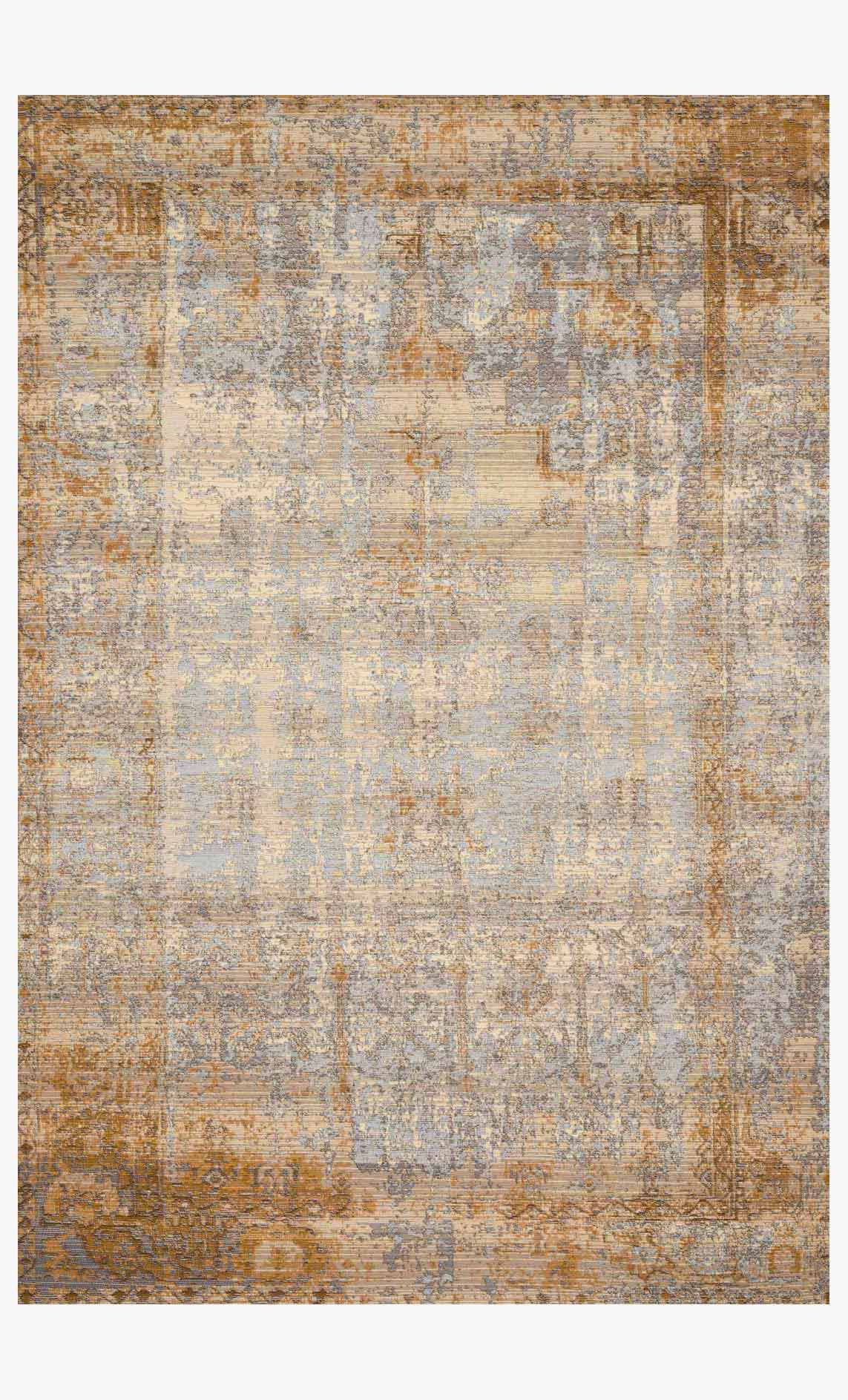 Indoor/outdoor power loomed rug in antique ivory and copper, abstract distressed pattern
