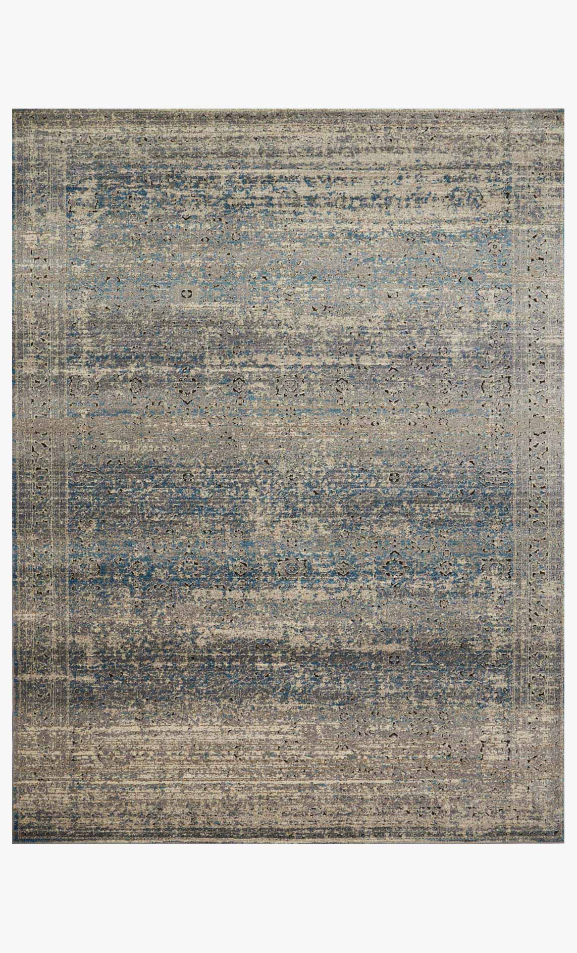 Transitional power-loomed rug, grey with blue abstract distressed pattern