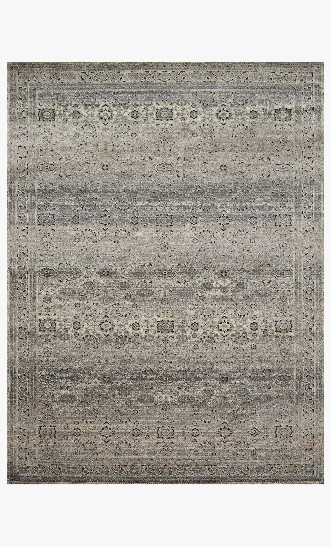 Grey and charcoal power-loomed rug with ornate geometric border and distressed pattern
