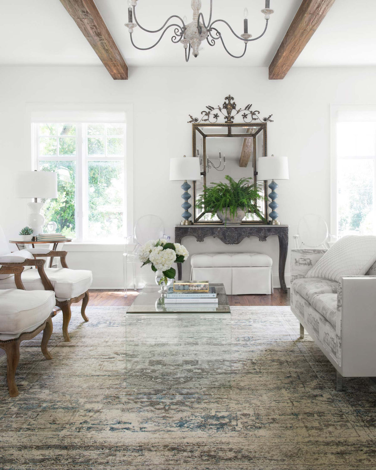 Taupe and ivory distressed rug with abstract lines and muted blue accents, rectangular