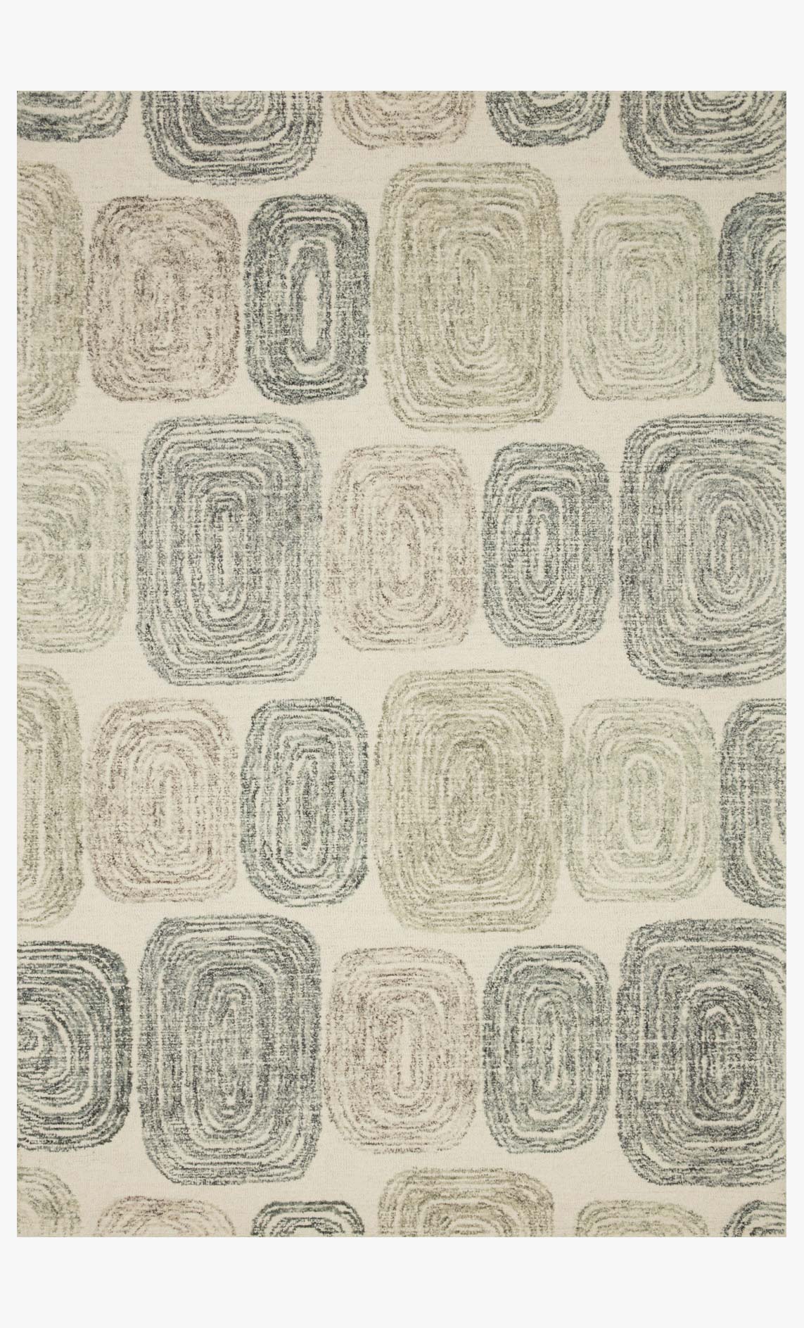 Hand-tufted contemporary rug with abstract square swirl pattern, dark gray on neutral base