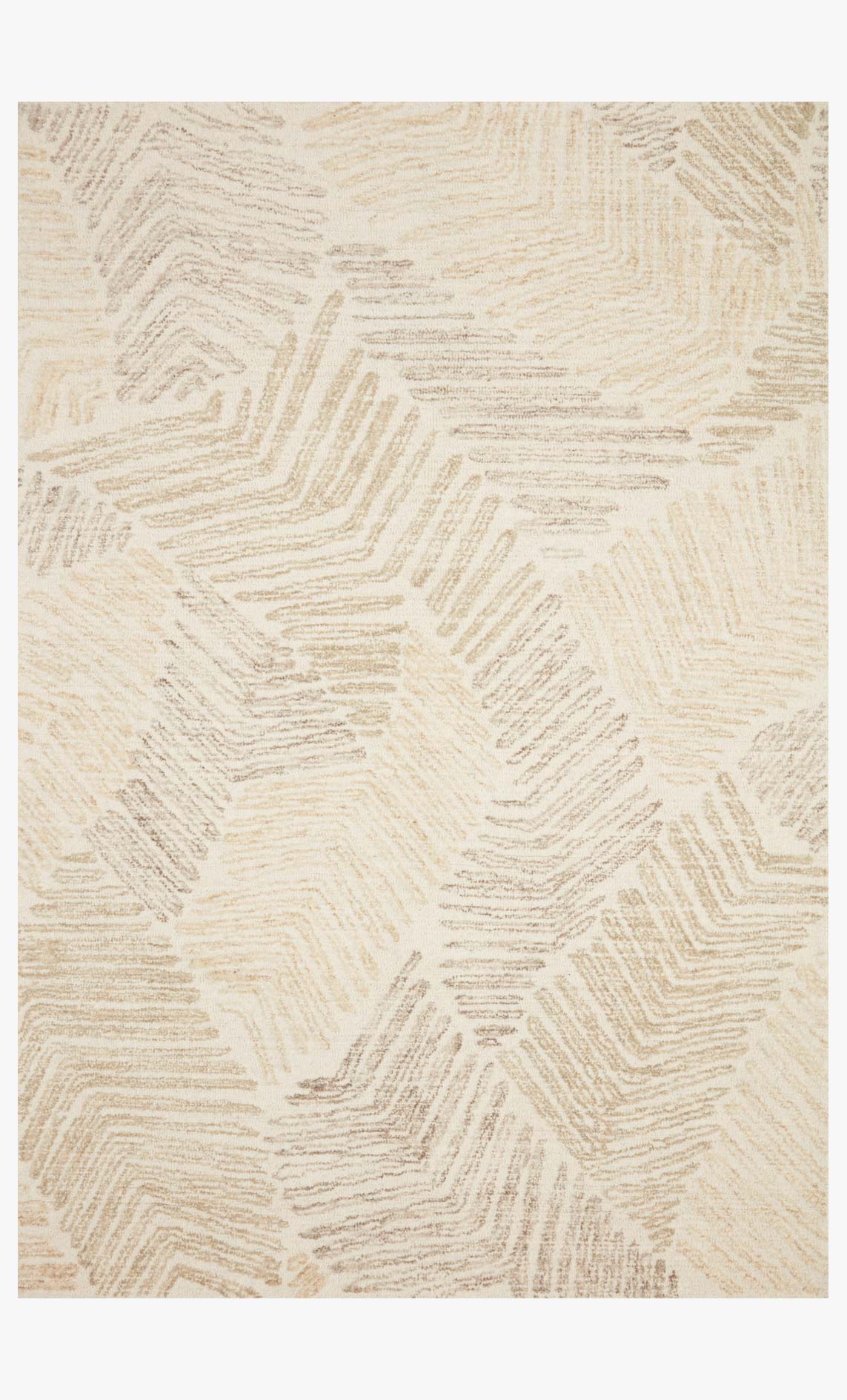 Hand tufted area rug with light natural base and tan geometric zigzag pattern
