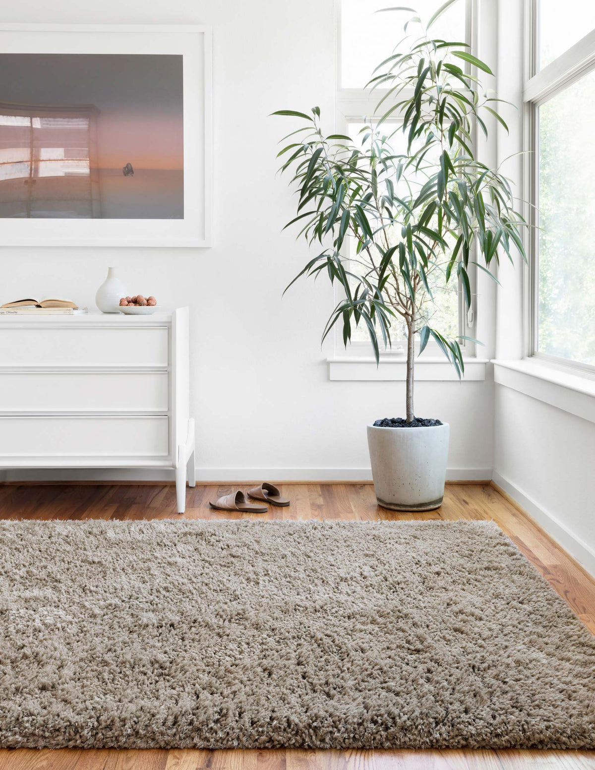 Taupe shag rug with thick, mottled loop pile and rectangular shape.