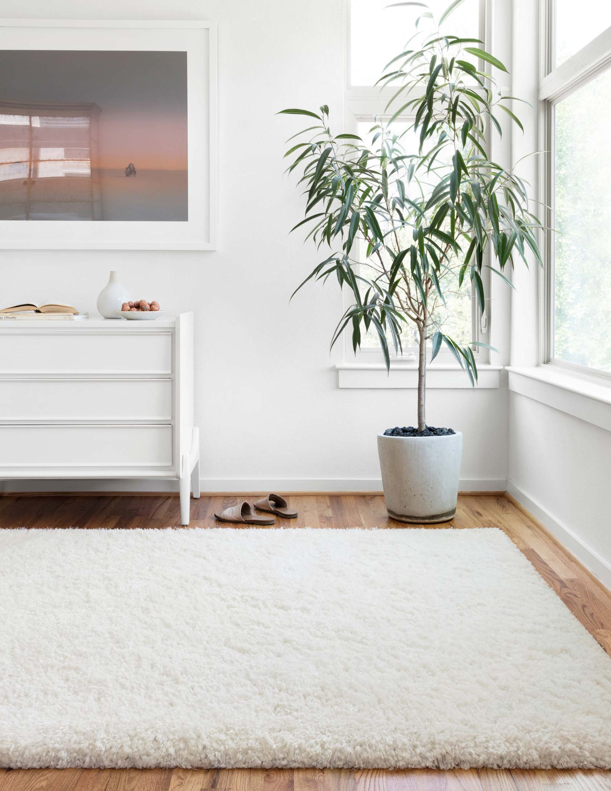 White shag rug with long, soft pile in a rectangular shape
