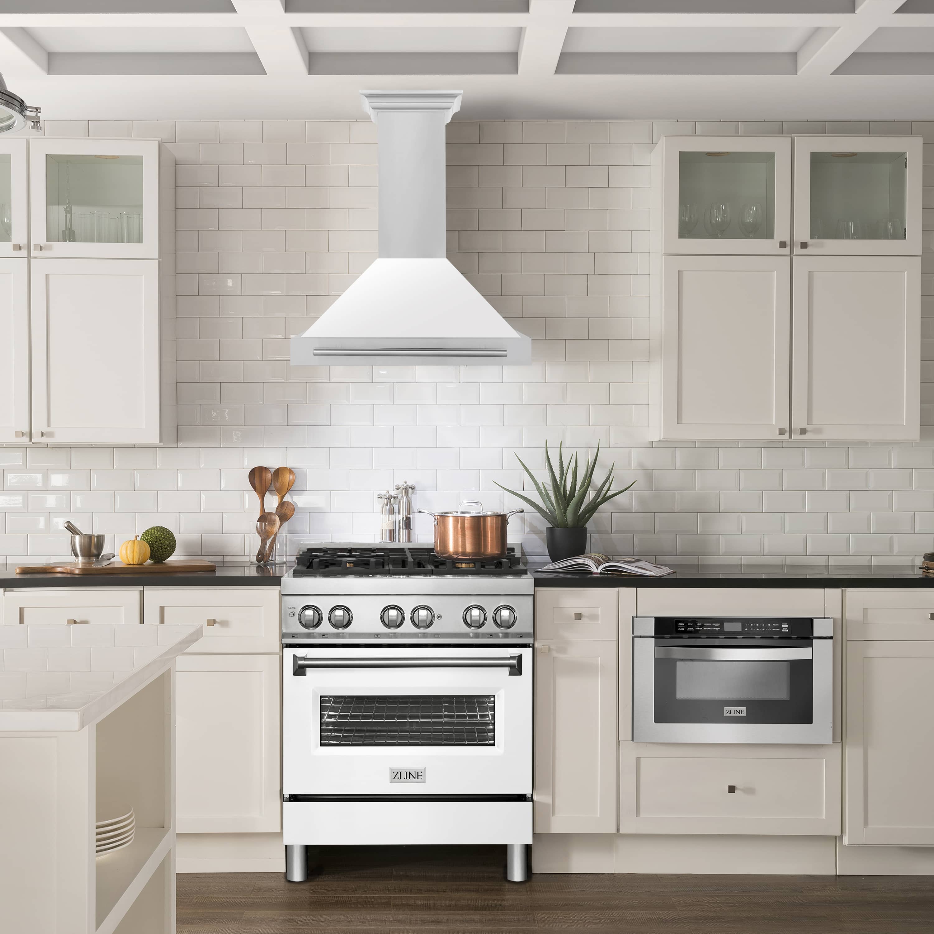 Wall-mounted range hood with white matte chimney and stainless steel vent hood