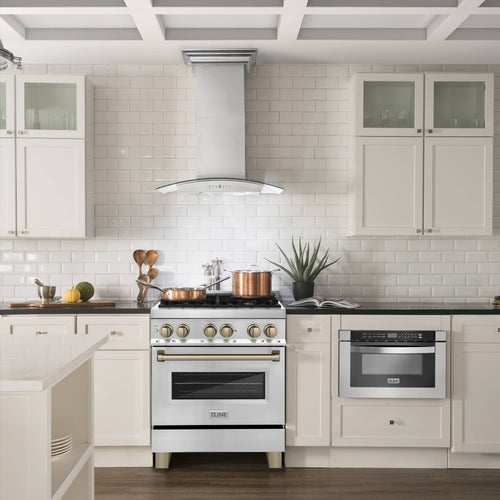 Stainless steel dual-fuel range with chimney hood in a built-in kitchen