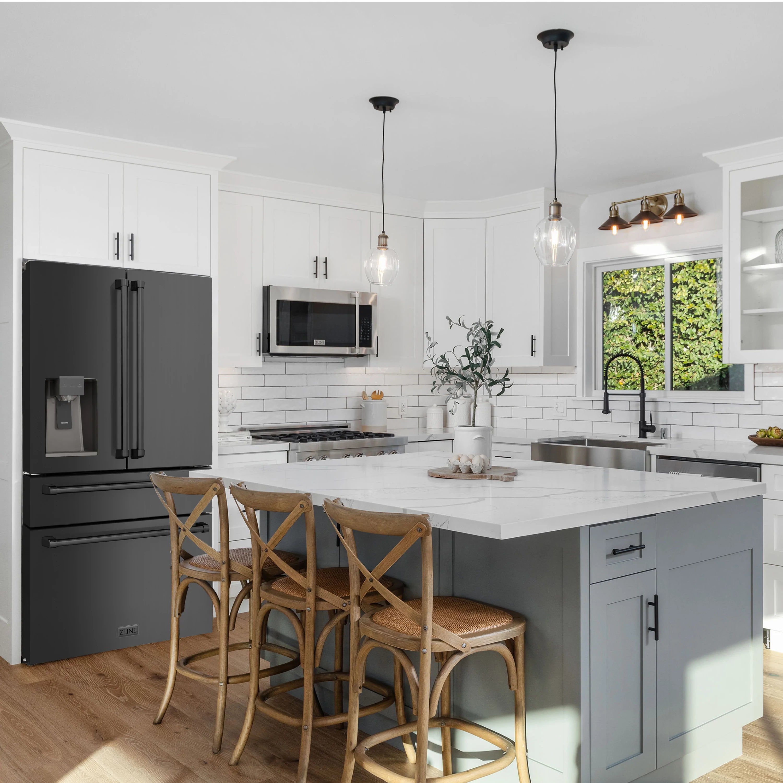 Black stainless French door refrigerator with water/ice dispenser and bottom freezer drawer