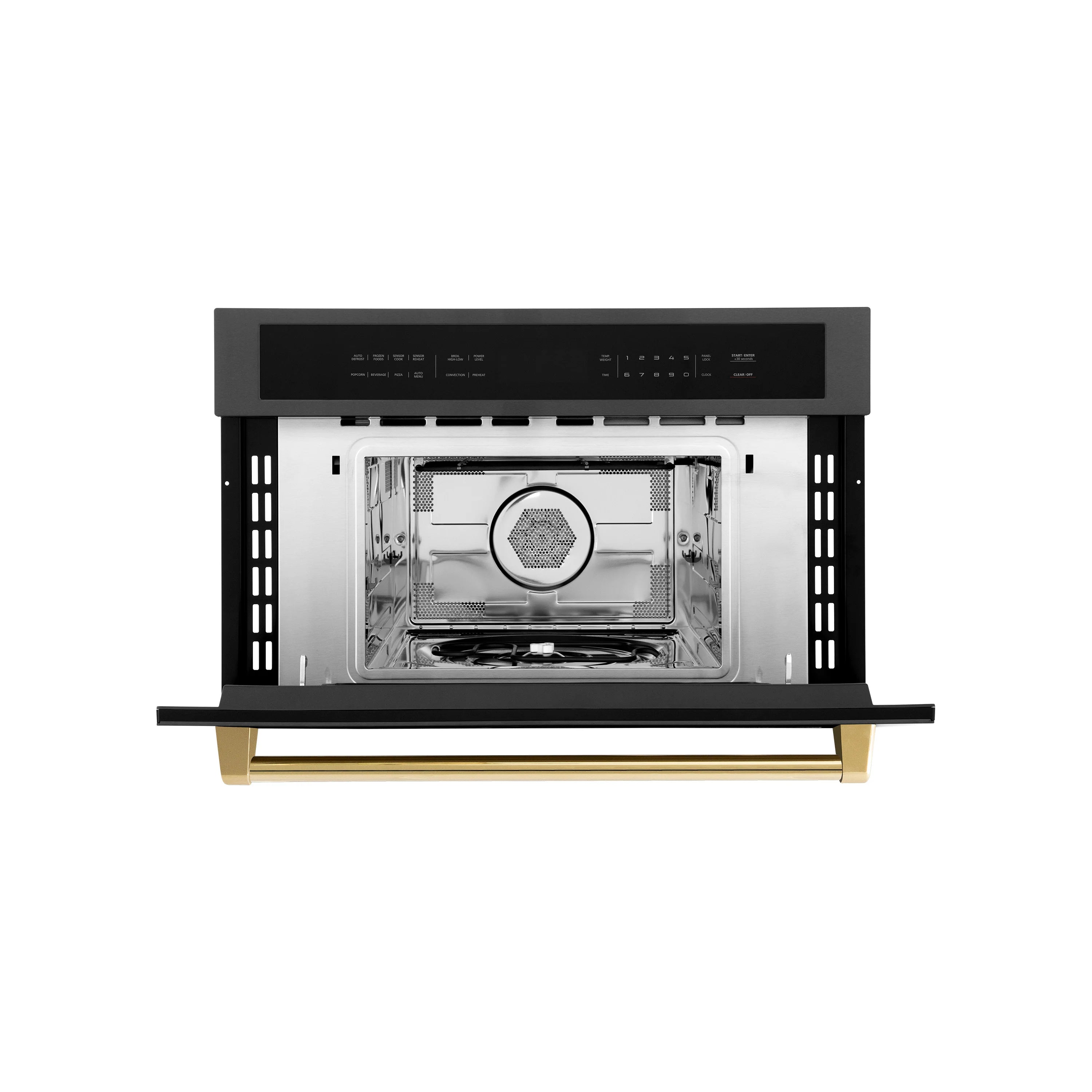Built-in convection microwave oven with door open, showing interior cavity and vents
