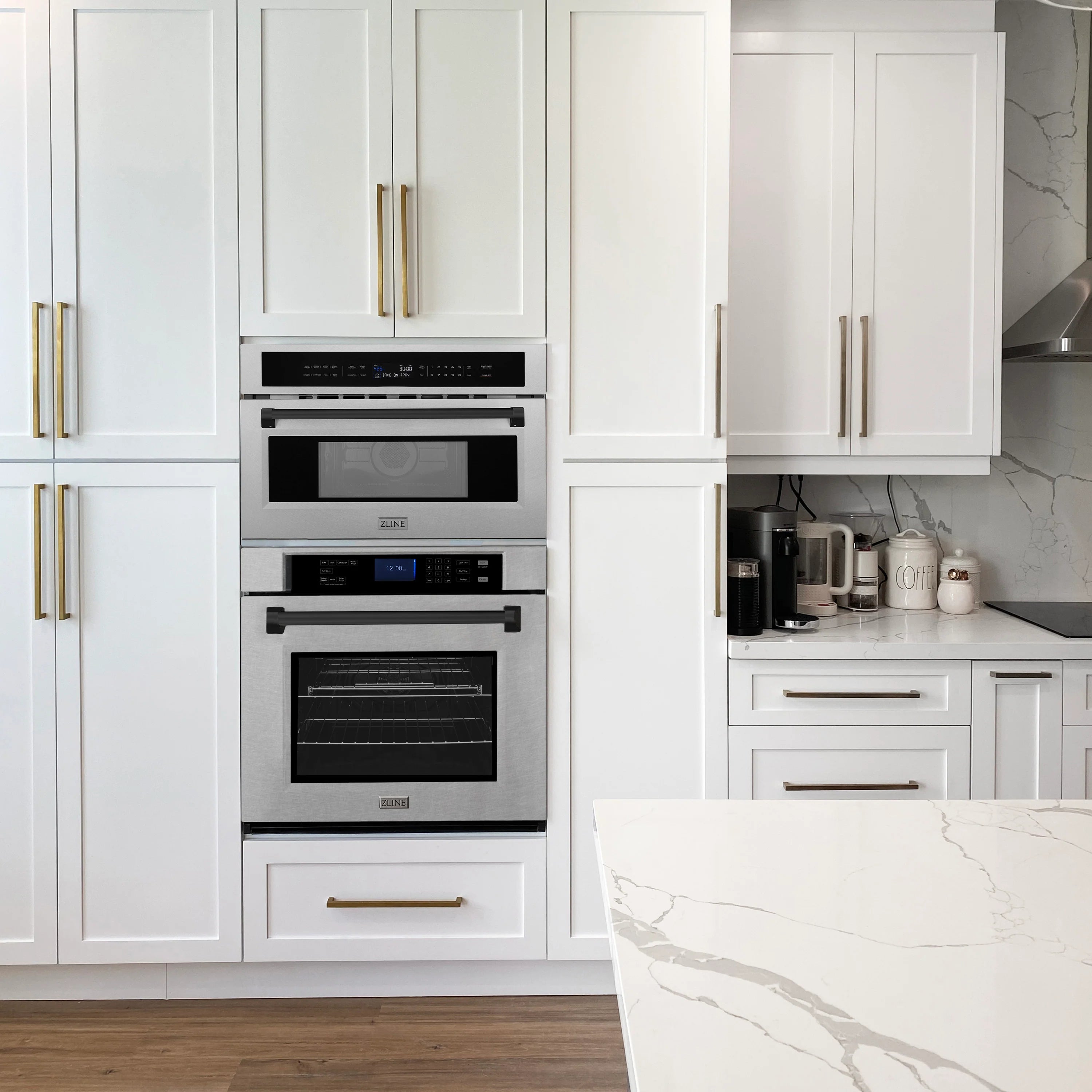 ZLINE built-in convection microwave oven installed in white kitchen cabinetry