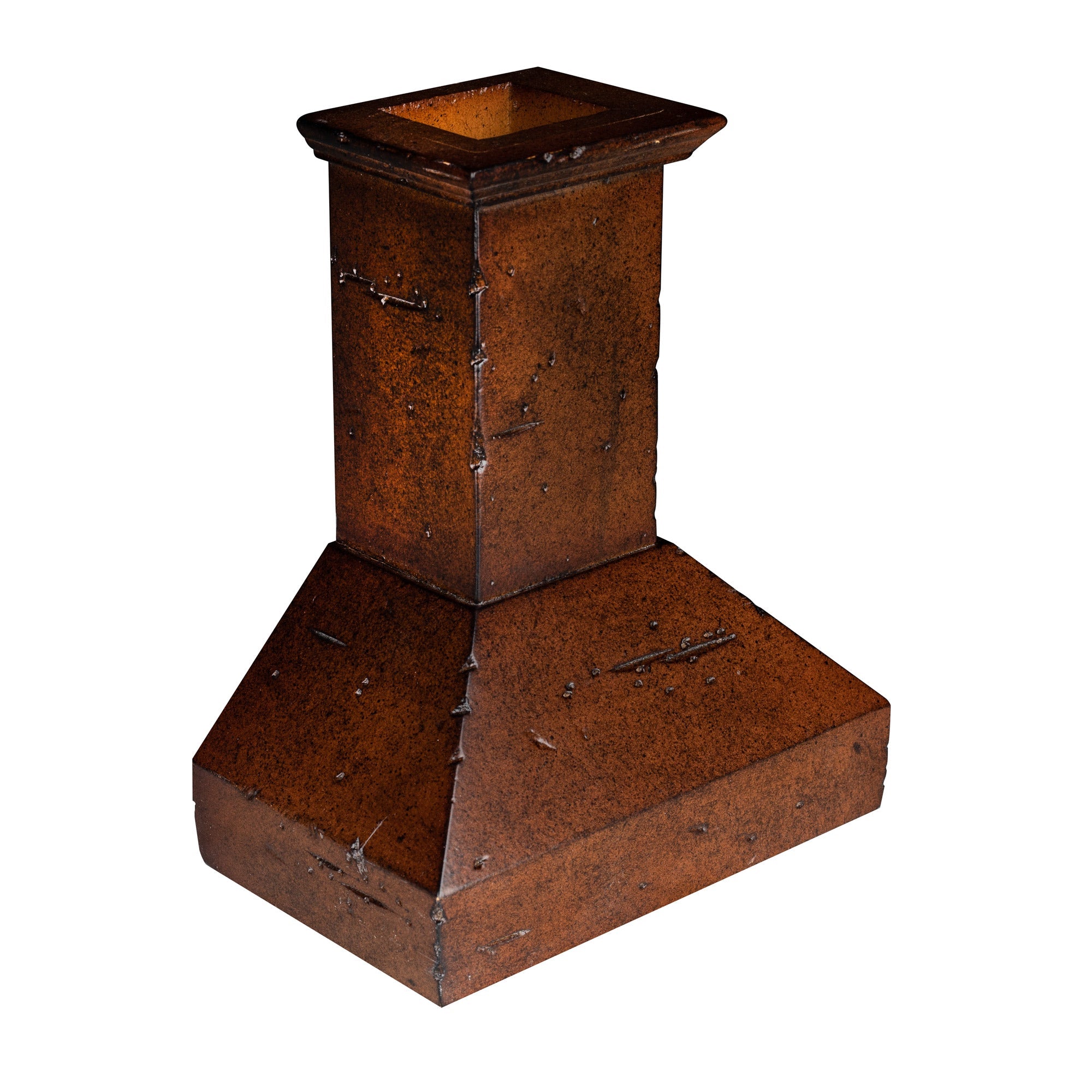 Mini wood range hood with square top and flared base, dark rust-brown finish
