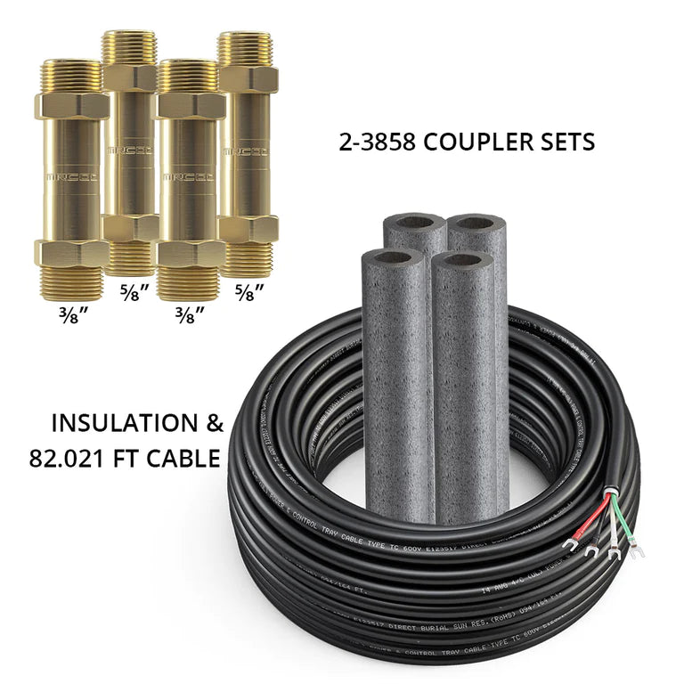 Brass coupler set with insulation sleeves and coiled black electrical cable
