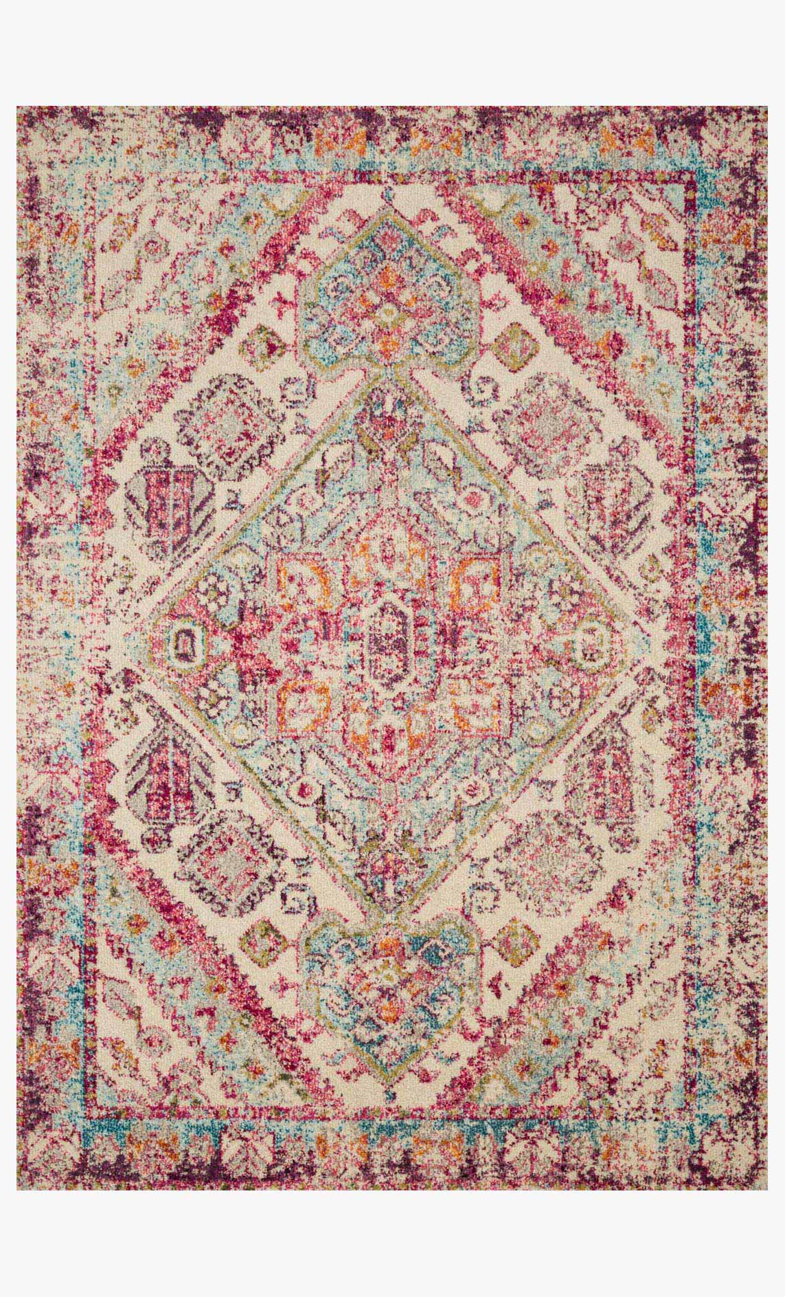 Transitional power-loomed rug with aqua, pink, and cream medallion pattern