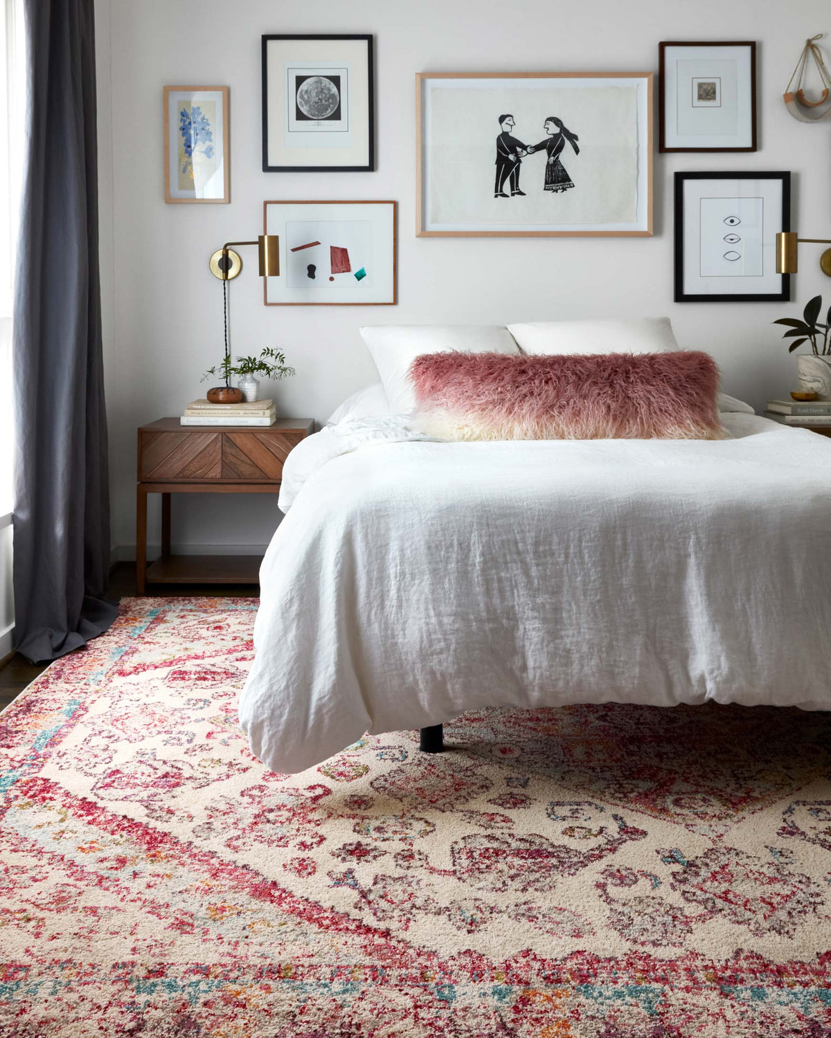 Transitional power-loomed rug with aqua, pink, and cream ornate floral pattern