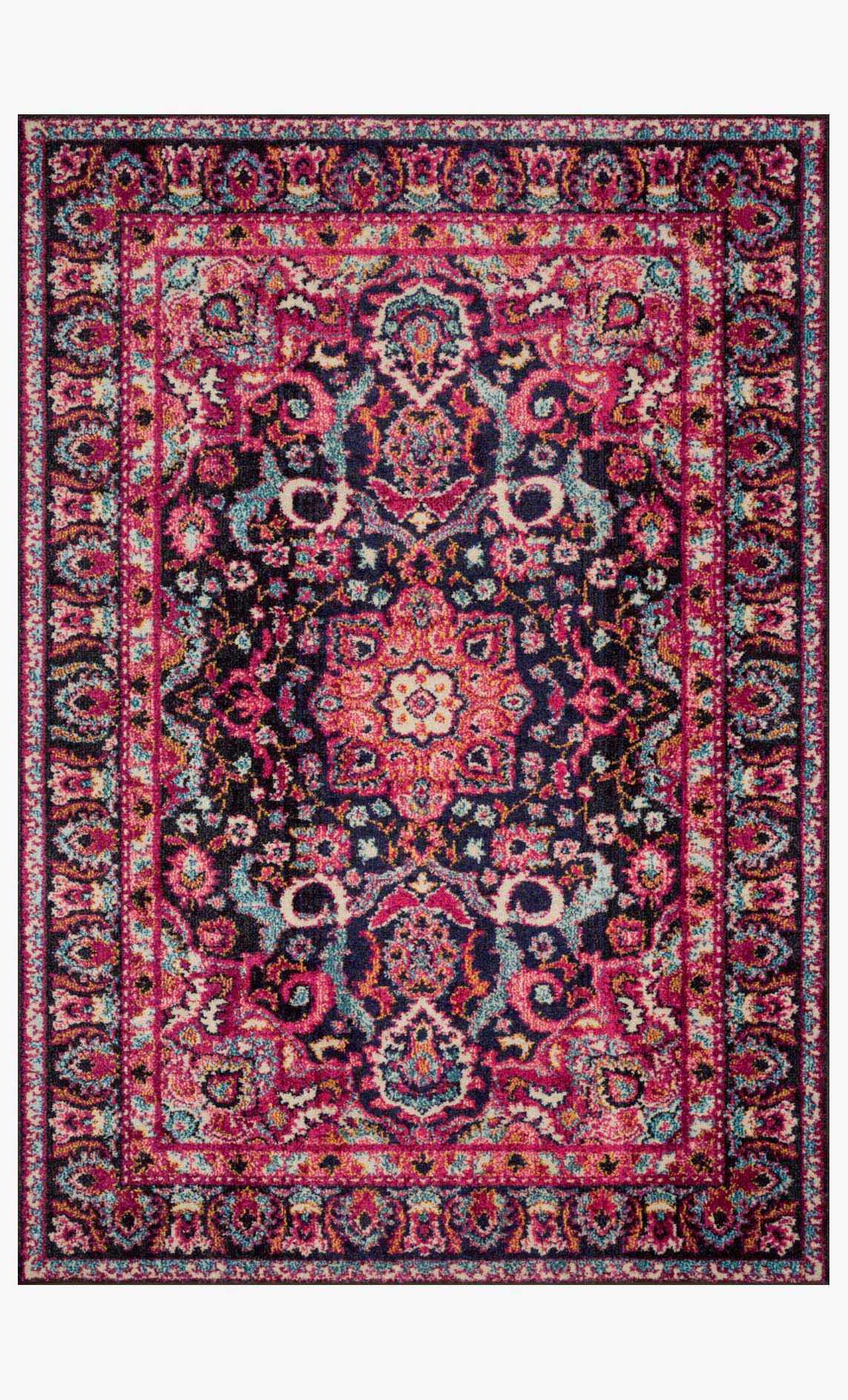 Transitional power loom rug with ornate navy and pink medallion pattern, border edge.