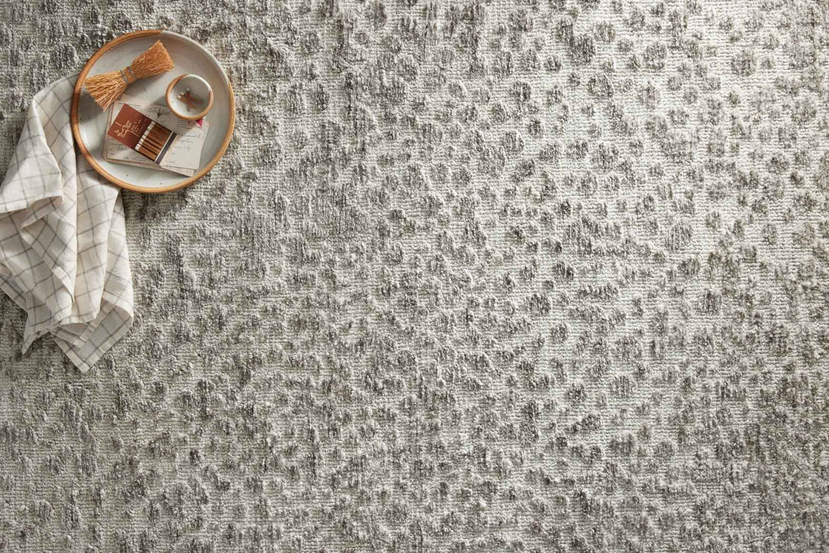 Silver and ivory area rug with scattered abstract motif and low, power-loomed texture.