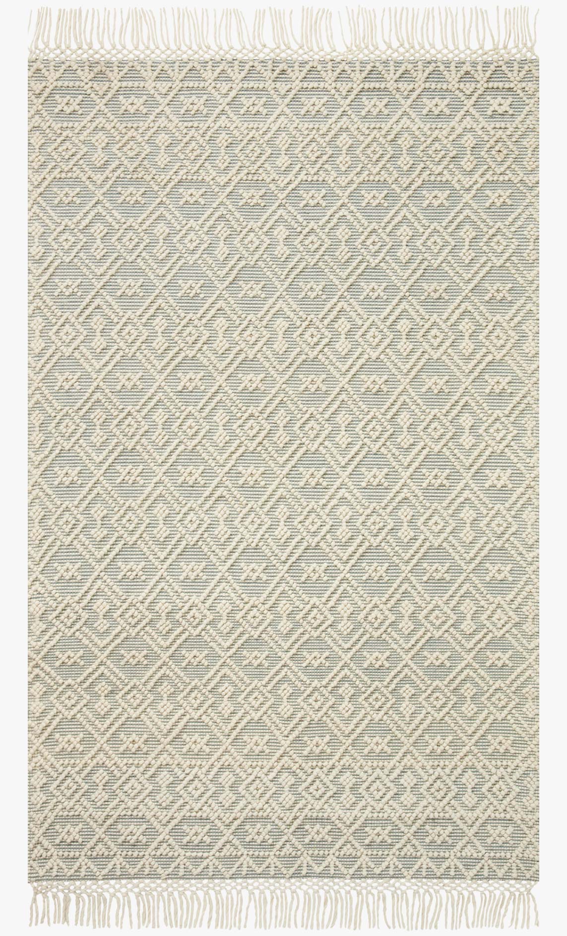 Ivory and light blue handwoven rug with geometric diamond pattern, light fringe edges