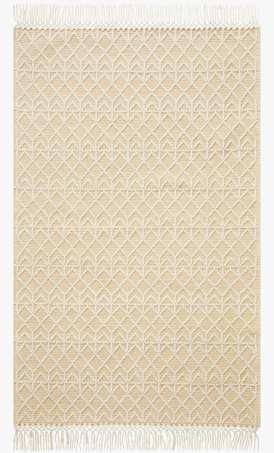 Ivory and gold geometric handwoven rug with short fringe edges