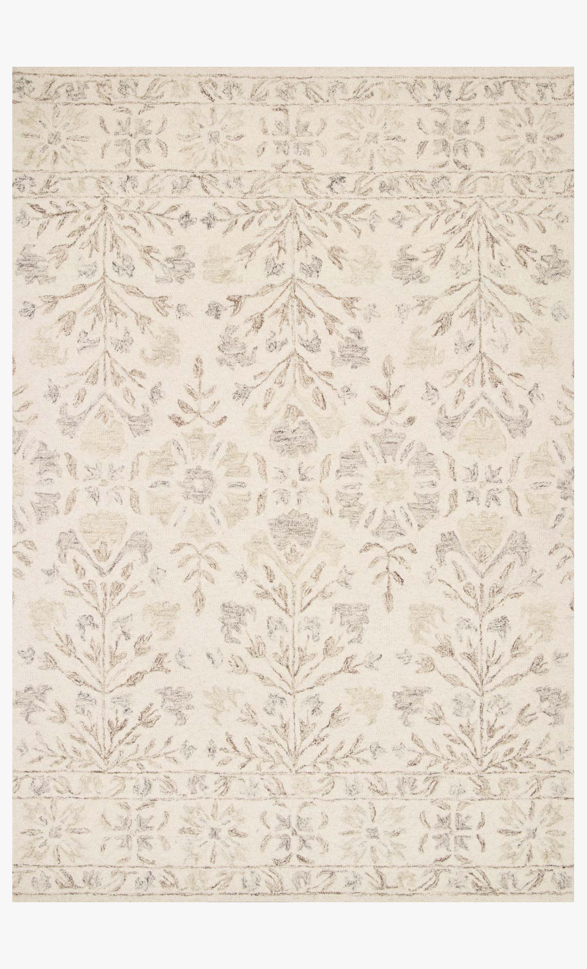 Ivory hooked rug with neutral botanical motif and border, rectangular area rug.