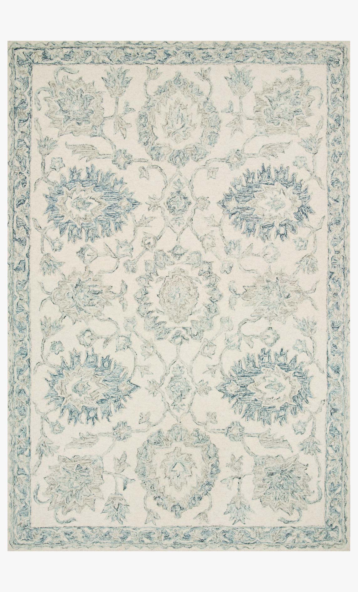 Ivory and blue contemporary hooked rug with ornate floral medallion pattern