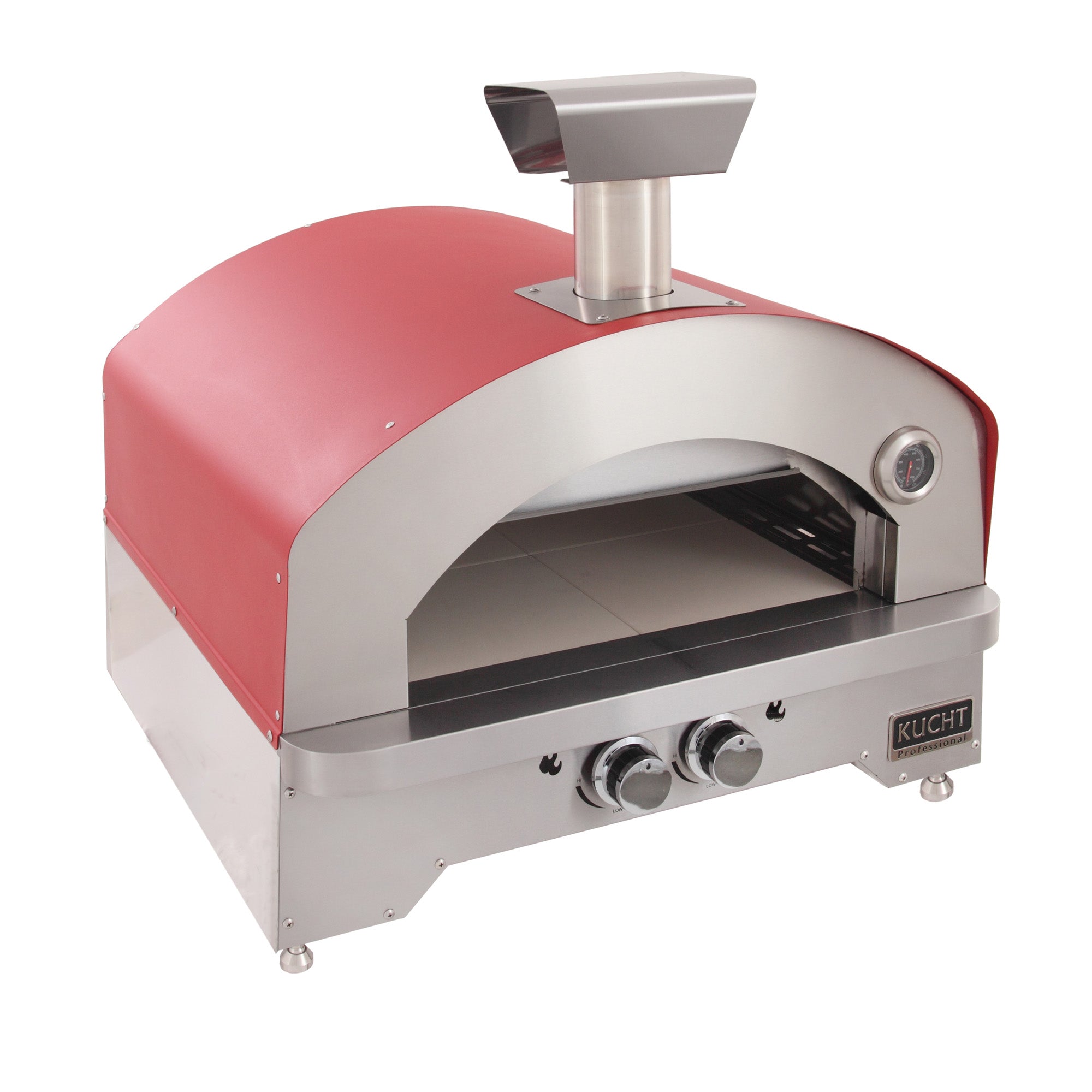 Kucht red and stainless countertop gas oven with open arched chamber and front knobs