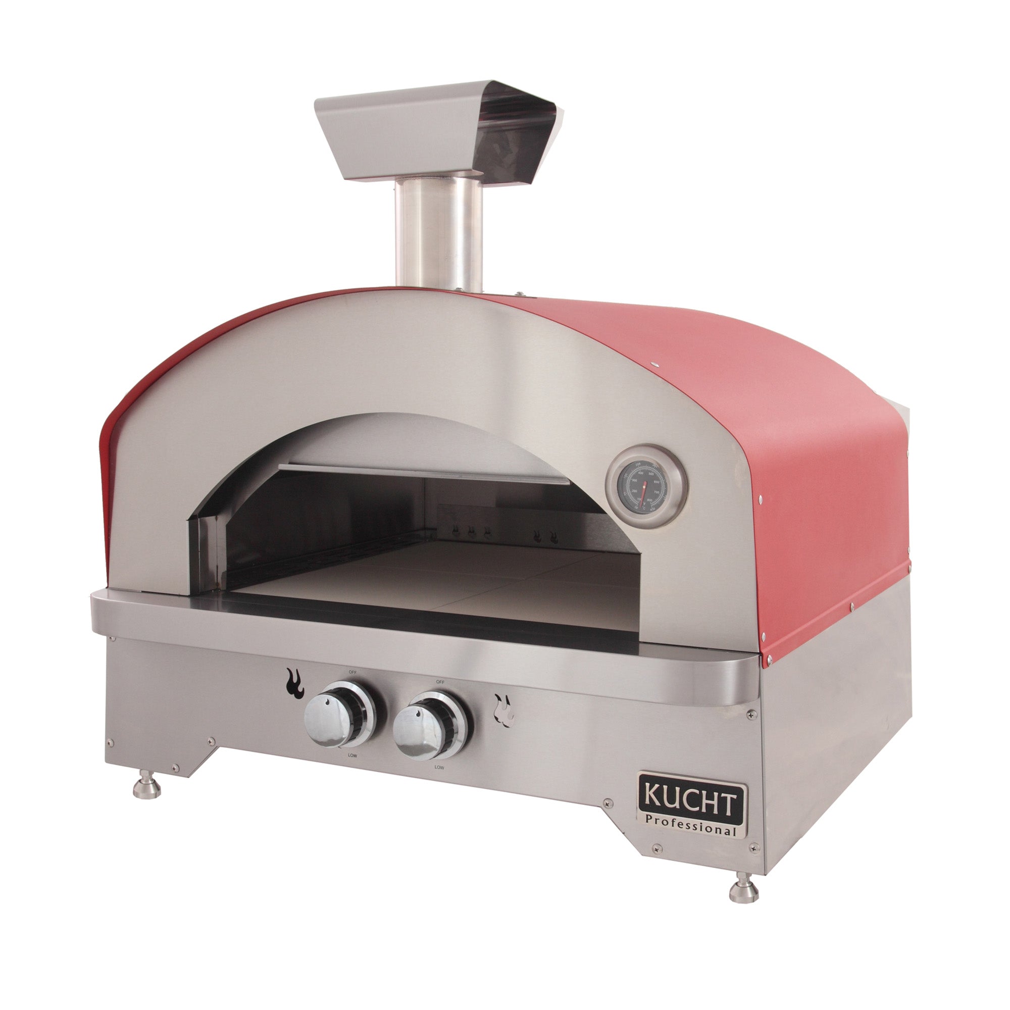 Kucht countertop gas oven with red hood, stainless control panel, and round temperature dial