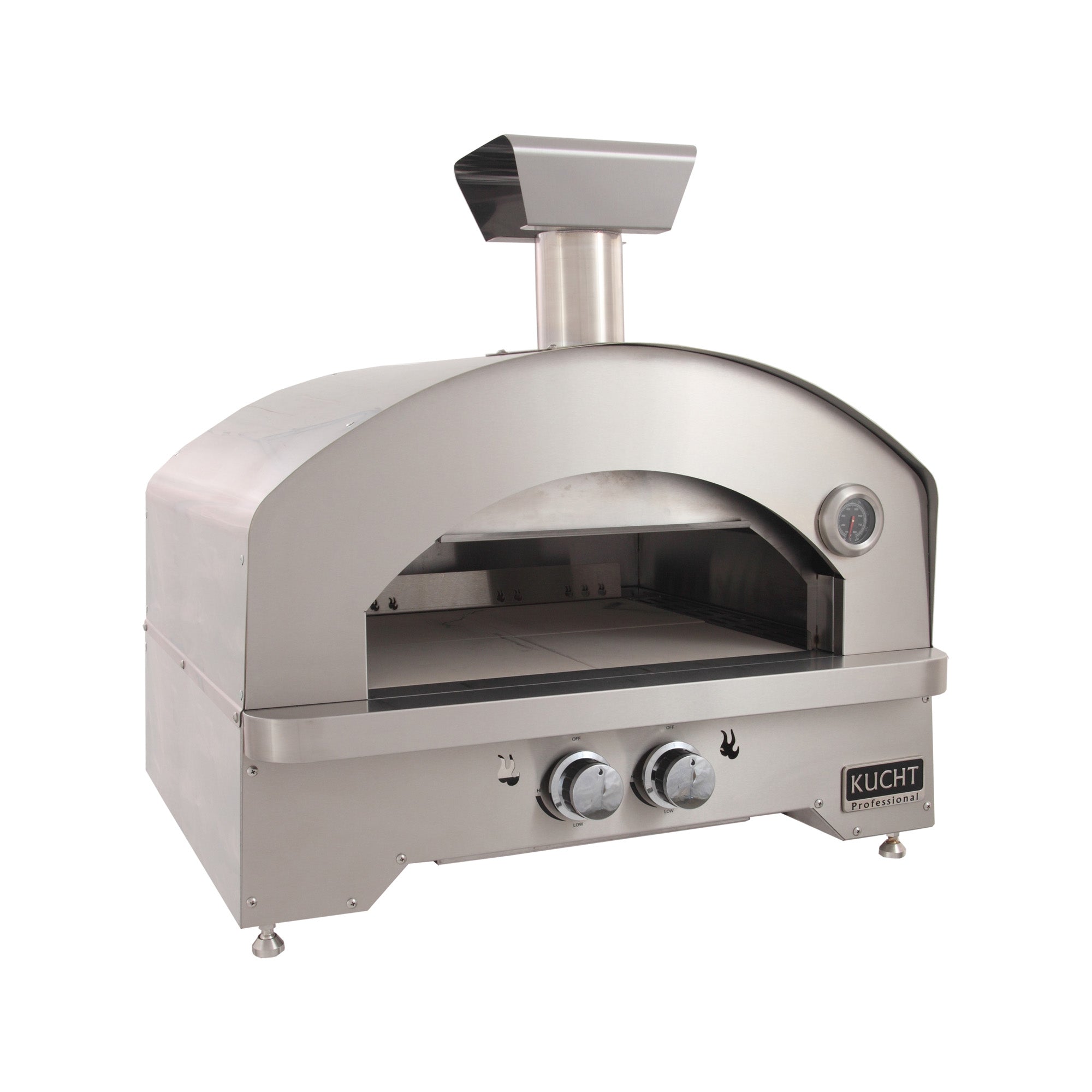 Stainless steel outdoor gas oven with side controls and open roasting chamber