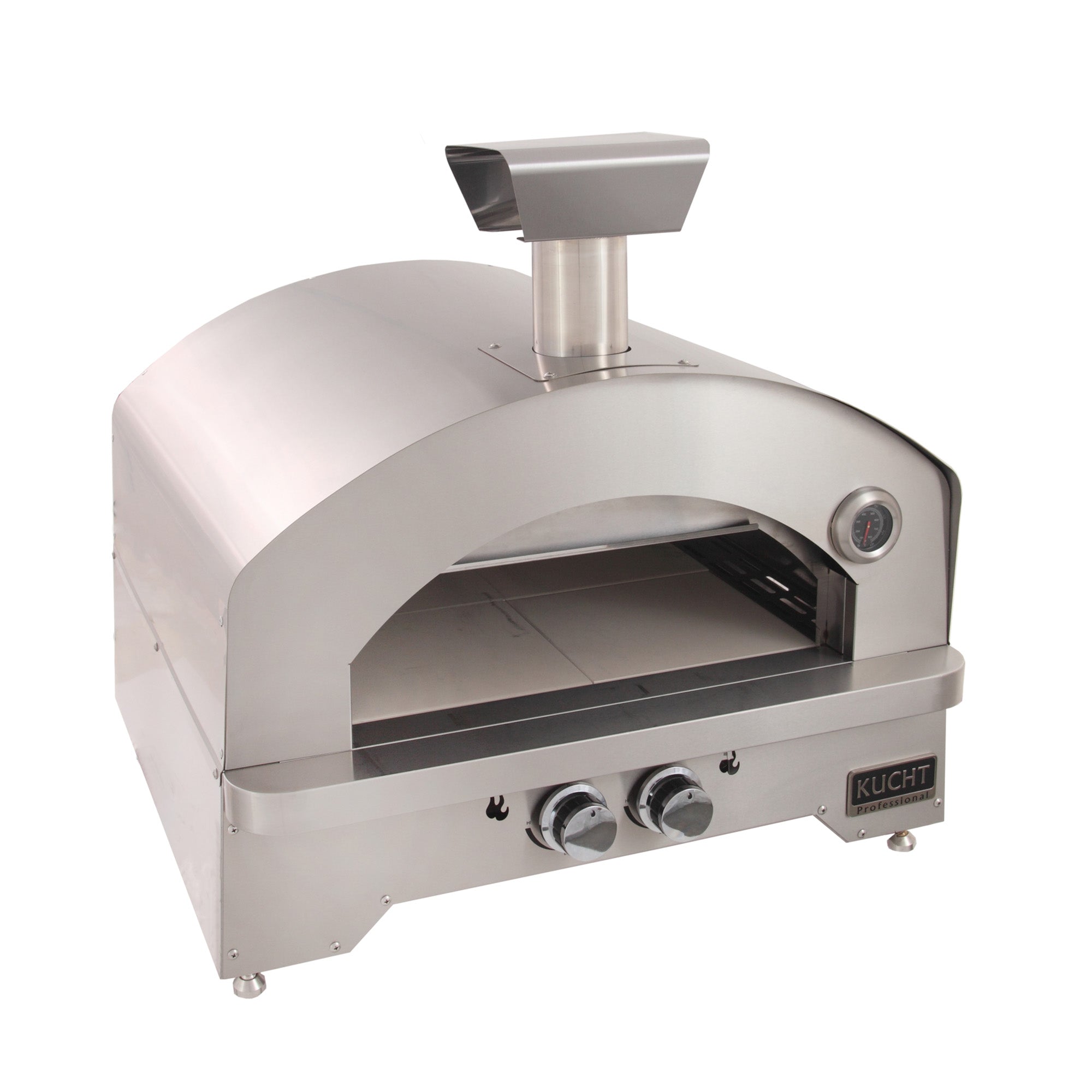 Stainless steel outdoor gas oven with arched dome, open chamber, and vent stack