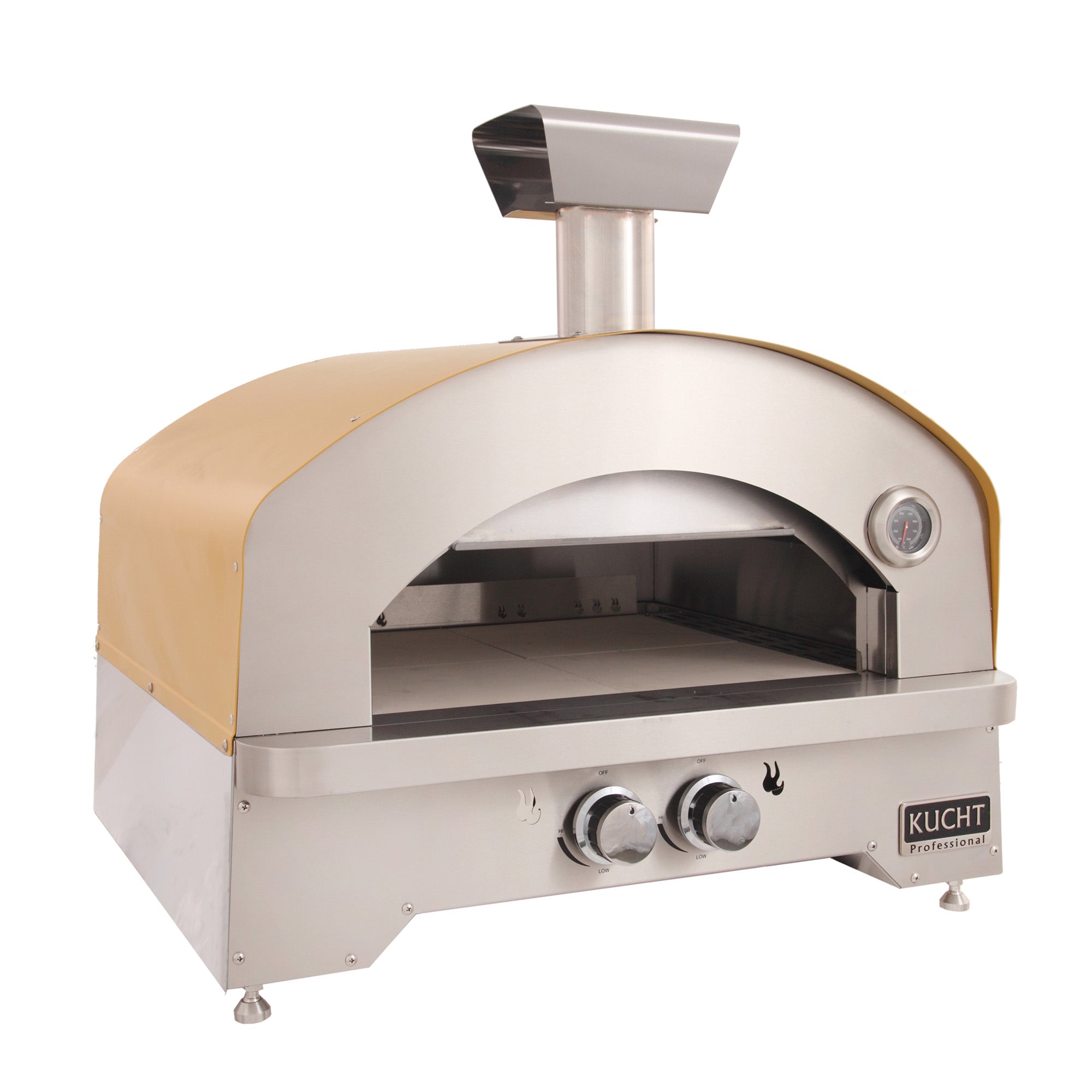 Yellow and stainless countertop gas outdoor oven with open front and two control knobs