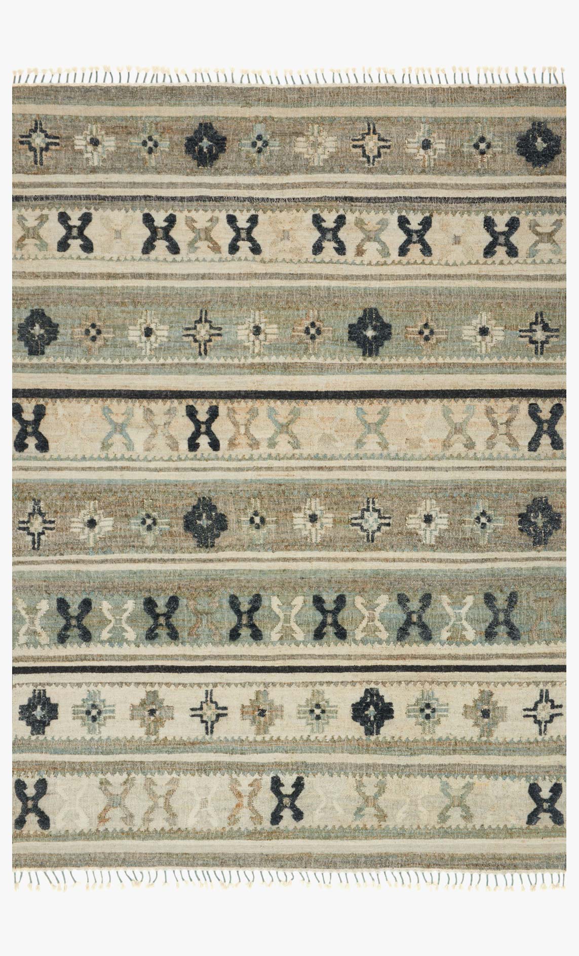 Transitional hand-woven area rug with aqua and dark navy geometric stripes and motifs
