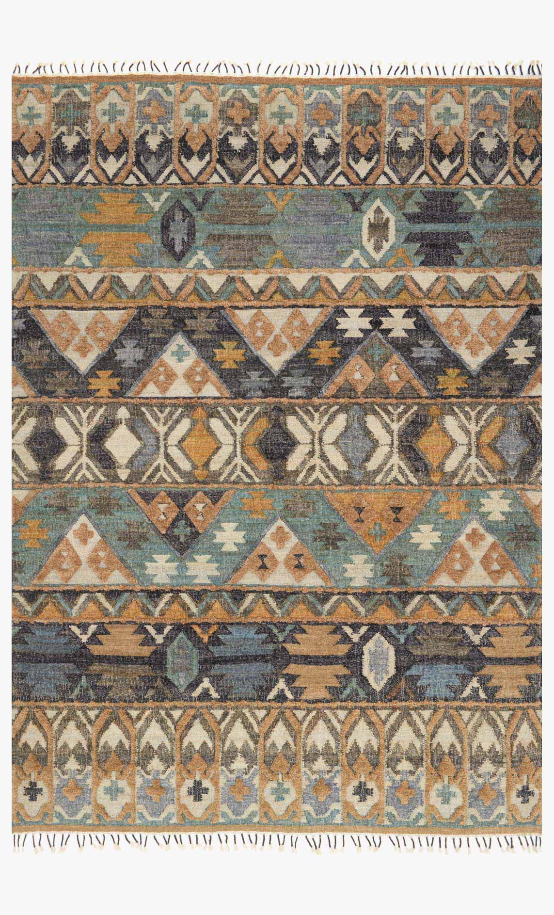 Transitional hand-woven rug with geometric pattern in ocean blue and camel tones