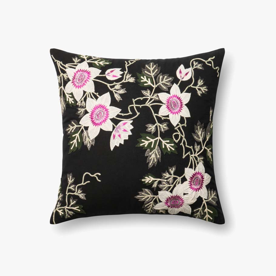 Black and ivory throw pillow with dense embroidered floral vines and pink flower clusters