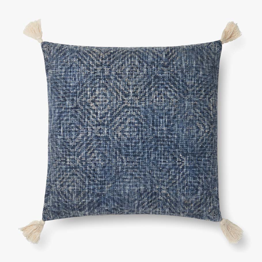 Blue square throw pillow with geometric pattern and tassel fringe corners