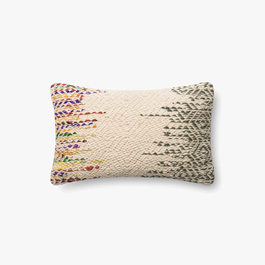 Rectangular decorative throw pillow with cream base, multi-color embroidery and gray pattern