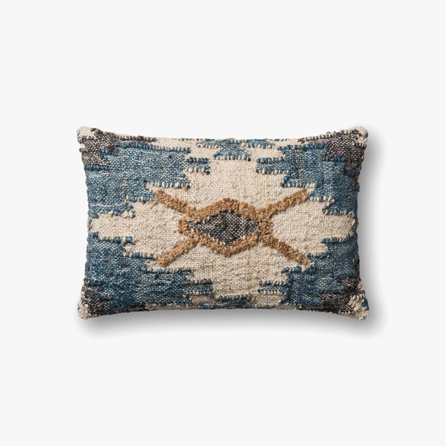 Woven rectangular throw pillow with blue, beige, and brown geometric diamond pattern