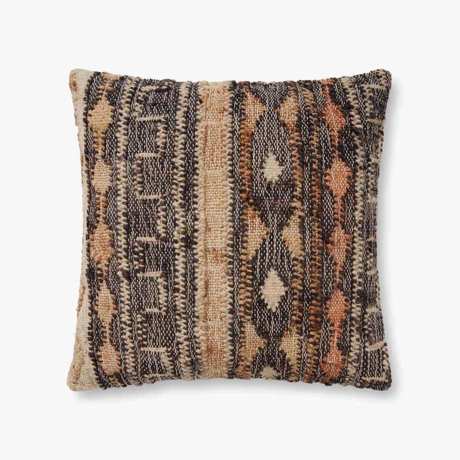 Woven throw pillow with geometric pattern in black, tan, and rust tones