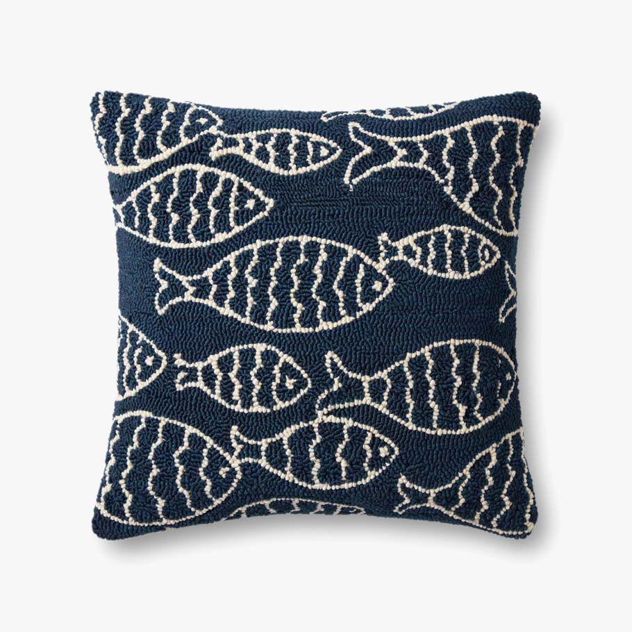 Navy decorative throw pillow with off-white fish pattern, square shape