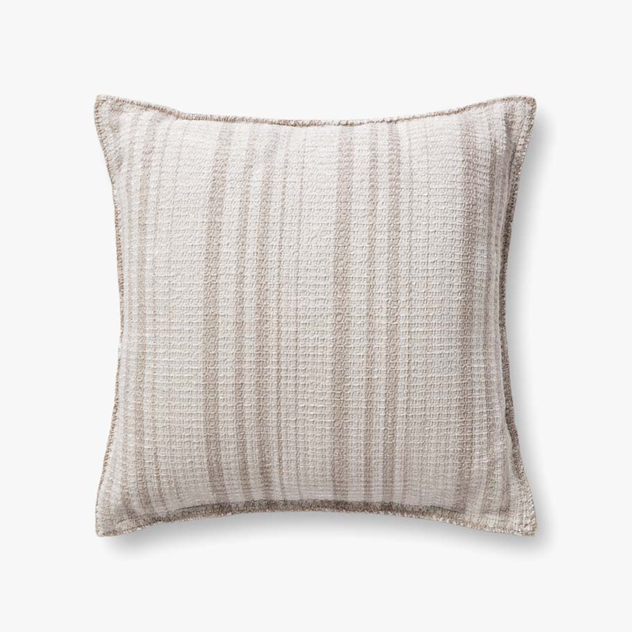 Ivory and beige woven throw pillow cover with vertical stripe pattern, square shape