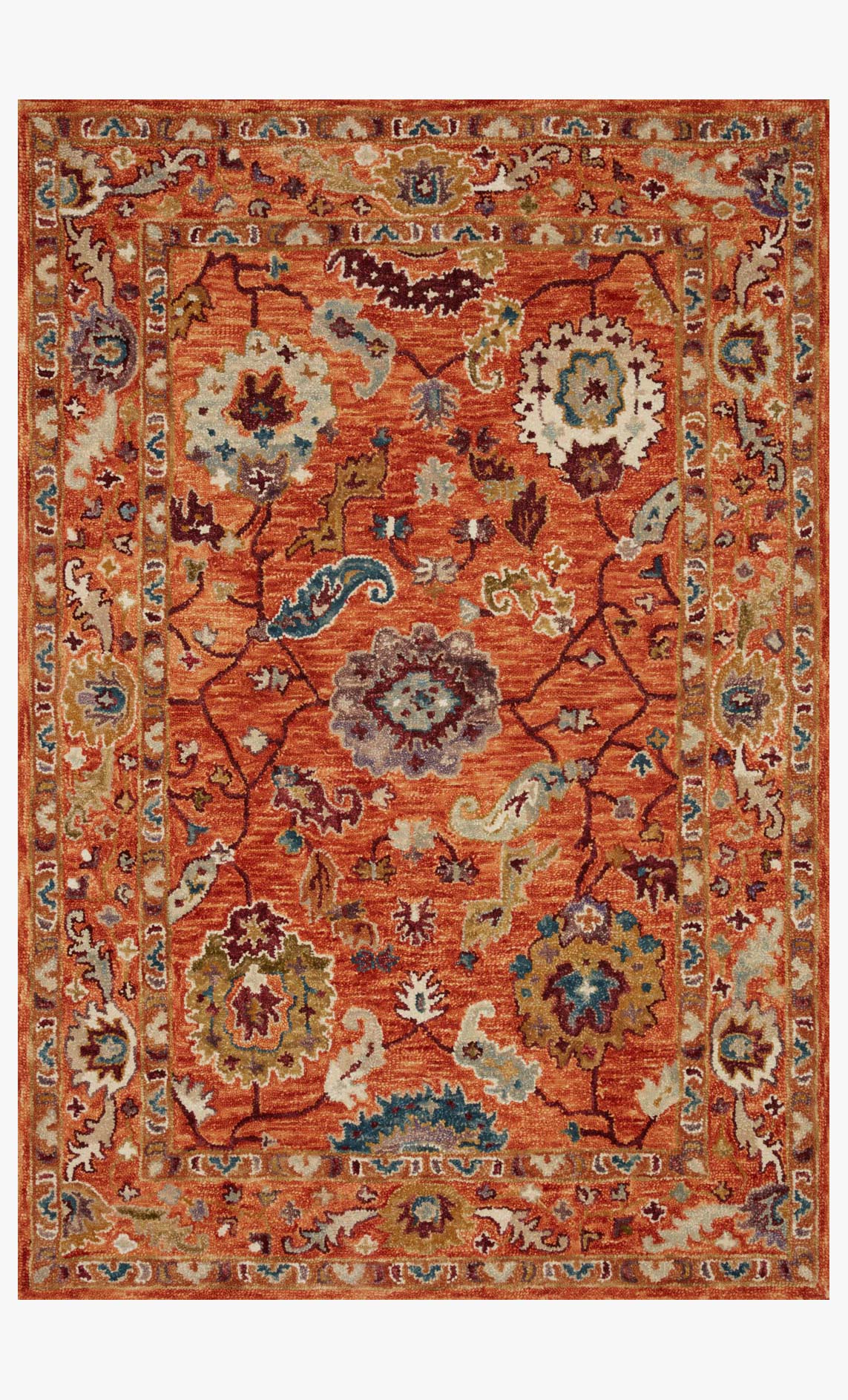 Orange transitional hooked rug with multicolor floral medallion and border pattern
