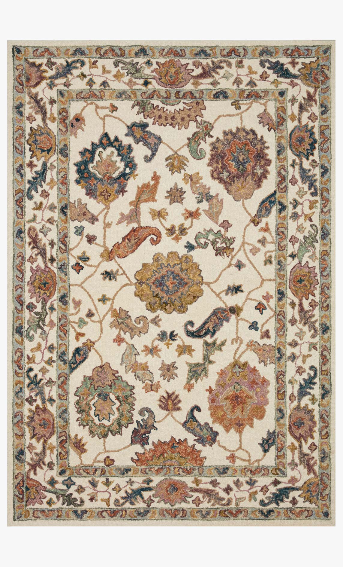 Transitional hooked rug with white field and multicolor floral medallion border