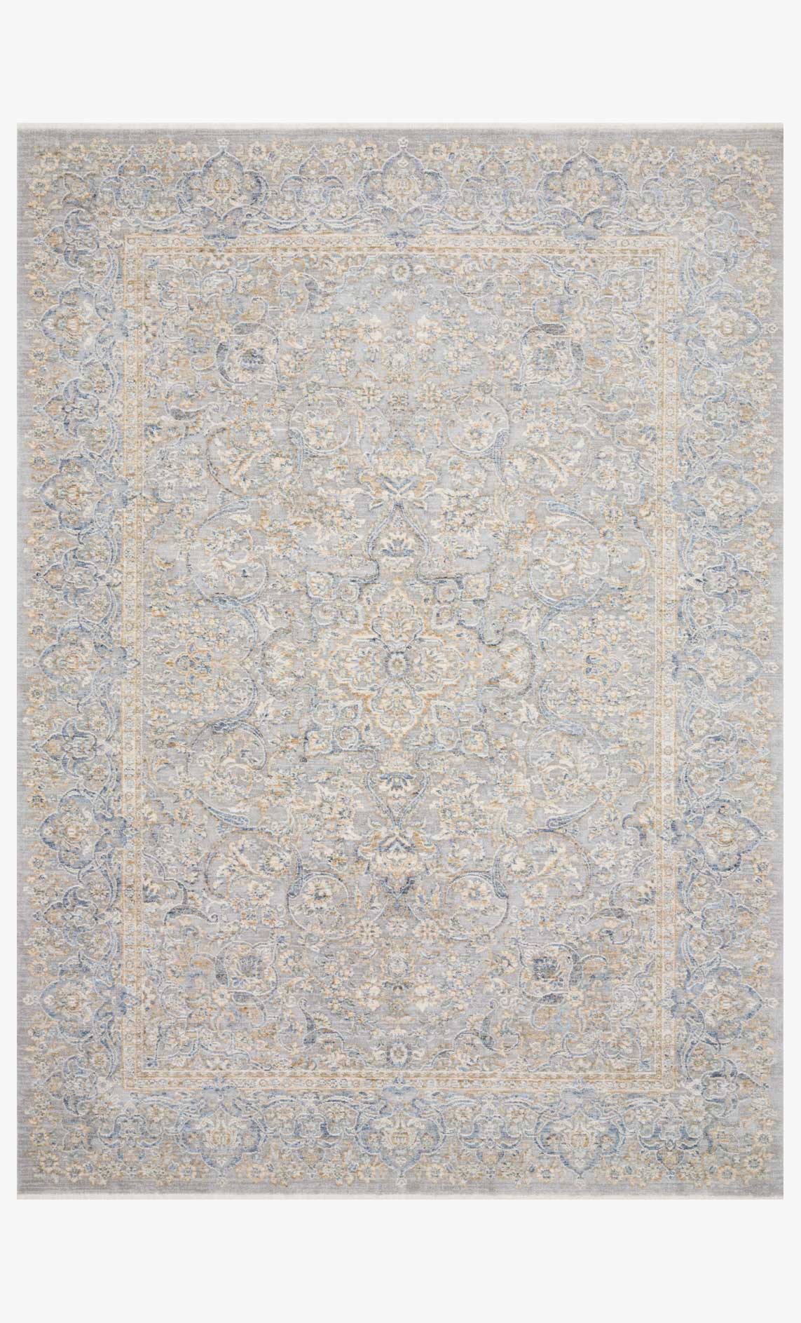 Stone and gold traditional power-loomed rug with ornate medallion and border