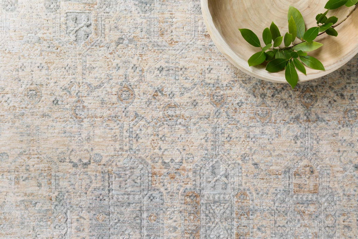 Ivory and mist rug close-up with distressed medallion and geometric pattern texture.