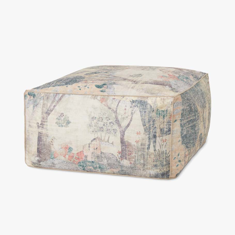 Square pouf ottoman with blue and cream scenic botanical print upholstery