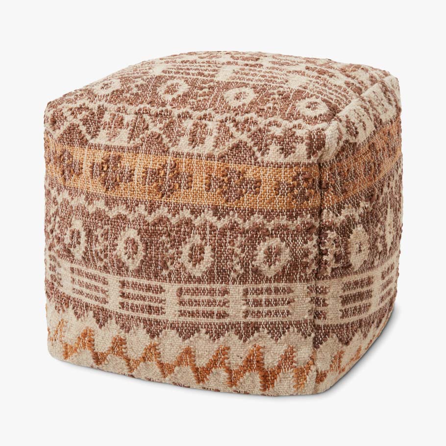 Beige and brown hand-woven pouf with geometric pattern, square ottoman top.