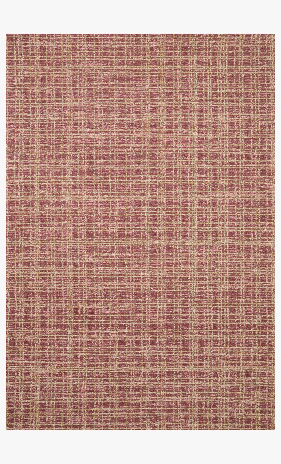 Berry and natural hand-tufted area rug with textured grid pattern, rectangular