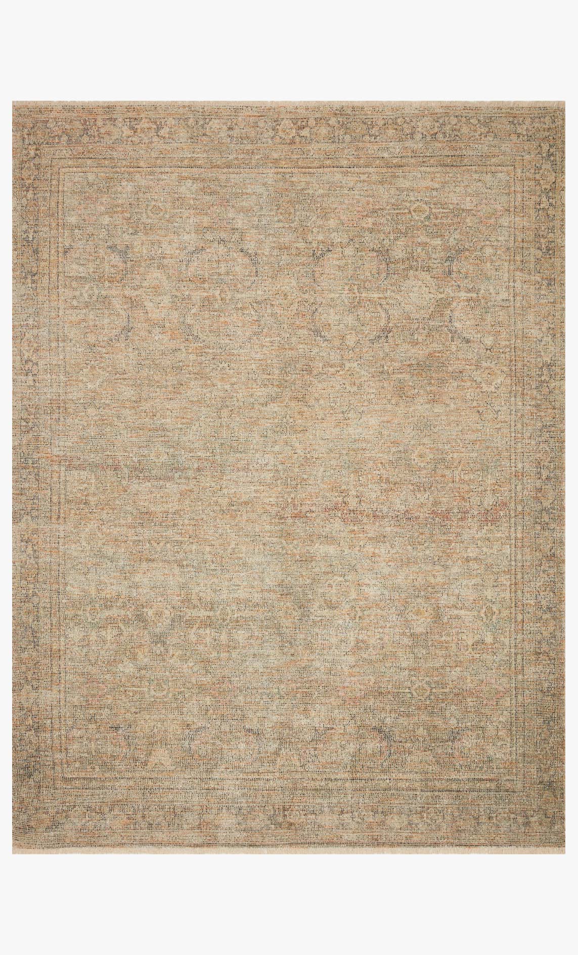 Transitional hand-woven rug with textured abstract pattern; tan with olive and graphite flecks.