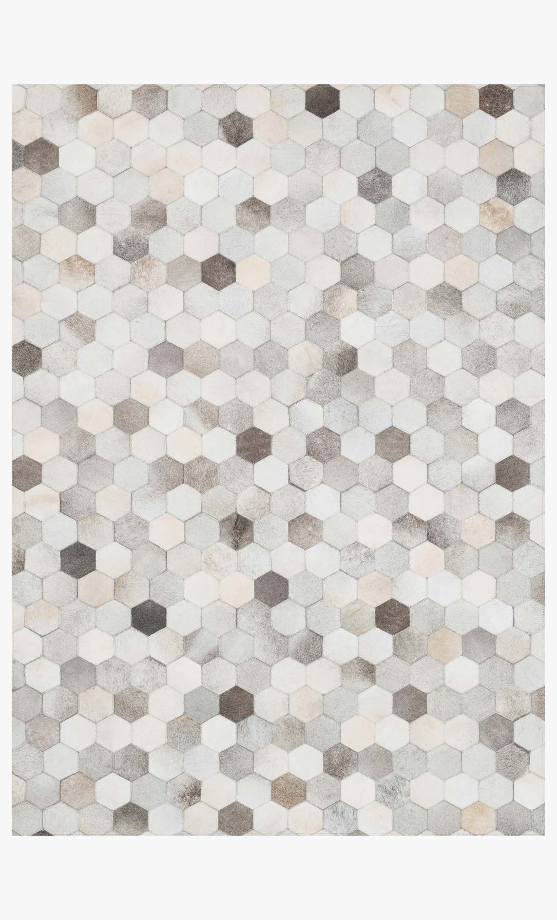 Grey geometric hexagon rug with hand-stitched texture, light and dark tone pattern