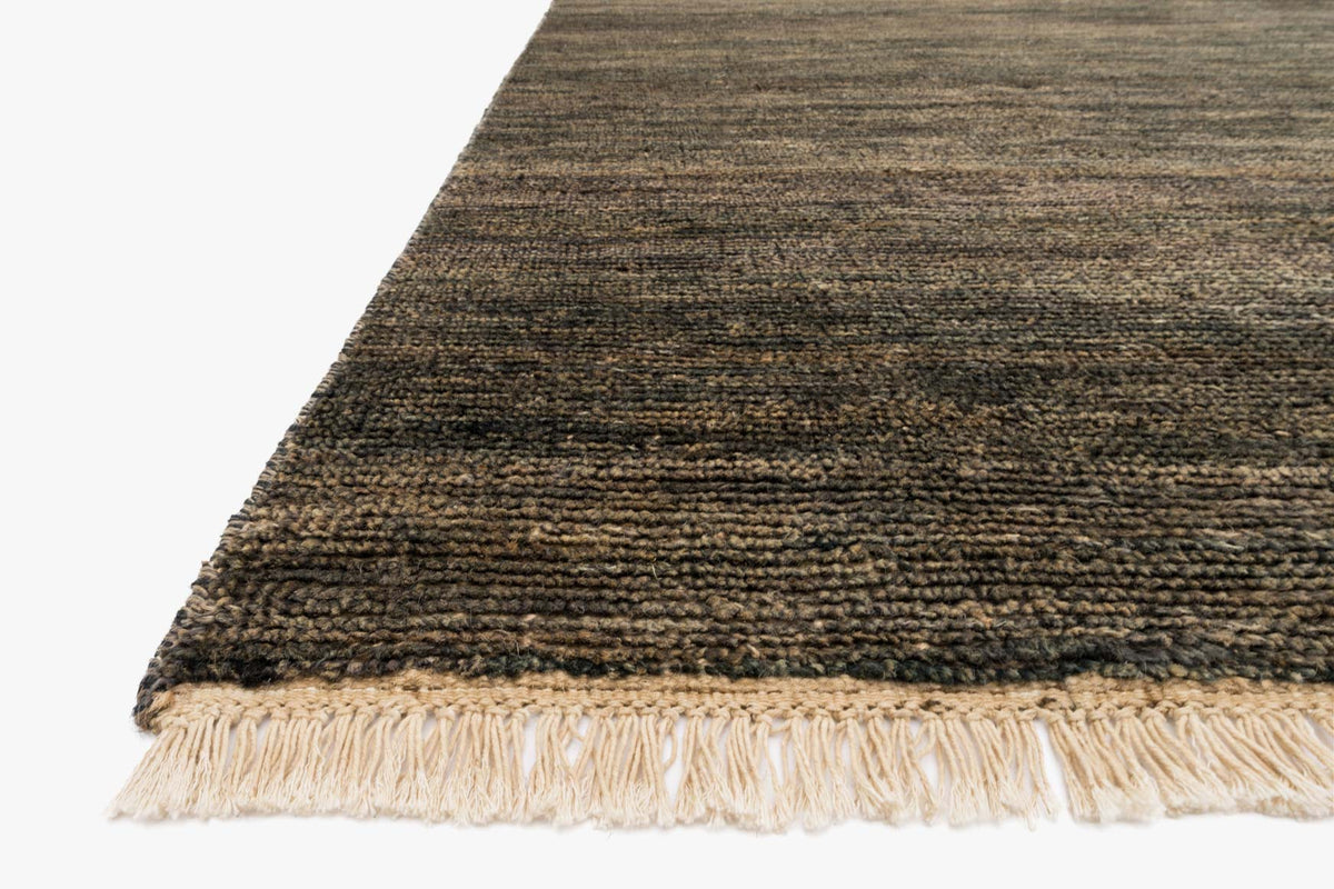 Corner of charcoal hand-knotted rug with short light fringe and low horizontal striations